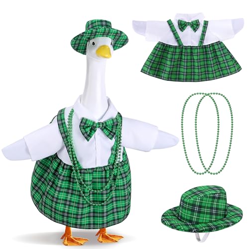 Watayo 4 Pcs/Set St. Patricks Day Porch Goose Outfits Lawn Goose Statue Green Plaid Costume Irish Green Garden Goose Clothes Dress Hat and Bead Necklaces for 23 High Statue Patio Yard Decor