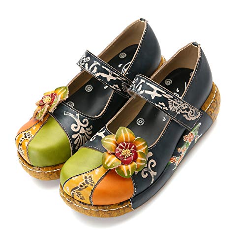 gracosy Mokassins Slipper, Mary Jane Damenschuhe Sommer Leder Loafer Vintage Mokassins Pantoletten Bunte Blume Sommerschuhe Slip-ons Flach Bootsschuhe, MEHRWEG