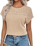Chicrise Blusa elegante de manga corta para mujer, encaje, crochet, cuello redondo, camiseta de verano, beige, M