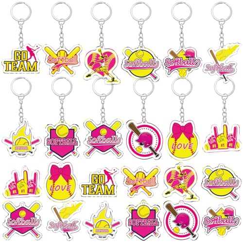 Image of Tondiamo 24 Pcs Softball Acrylic Keychain Gifts Bulk Pink Acrylic Softball Sports Ball Keychain Gifts Go Team Key Ring for Women Men