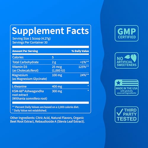 Image of Nello Supercalm Powdered Drink Mix Tub, Cortisol Reducer*, Sleep Aid Supplement, L Theanine, Ksm-66 Ashwagandha, Magnesium Glycinate, Vitamin D 3, No Sugar, Non GMO, 30 Ct, Raspberry Lemonade
