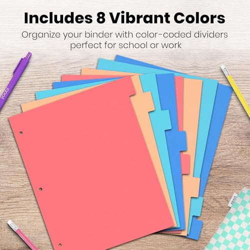 Yoobi 8 Tab Binder Dividers, 3 Hole Punch Divider Set for 3 Ring Binders, Pack of 4 Multicolor Loose Leaf Dividers, Includes Sticky Labels for Blank Tabs, Office or School Supplies, Binder Organizer