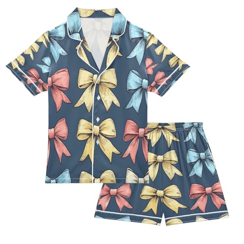 Satin Pajama Sets Short Sleeve Bow Pattern Print Design Button Down Silky Nightwear 2 Piece PJS 5-14Y