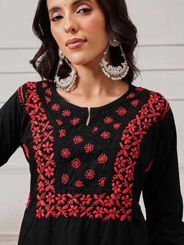 Image of Ada Hand Embroidered Lucknowi Chikankari Cotton Top for Women A100131 | Lucknowi Short Kurta Kurti Tunic Casual Wear Ethnic Wear Chikan Work Straight handcrafted top Kurti for Office