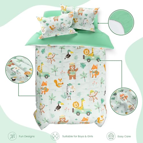 Image of SANDJEST Jungle Animal Comforter Set Full Size 98x86in for Kids Boys, Microfiber 4 Pcs Bedding Set Includes 1 Comforter, 2 Pillowcases, 1 Fitted Sheet, Nursery Room Decor