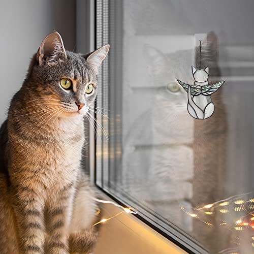 Boxcasa Angel Cat Memorial Gifts,Angel Wing Cat Iridescent Stained Glass Window Hangings,Gray Cat Suncatcher Gifts For Cat Lovers,Loss Of Cat Sympathy Gift,Cat Loss Memorial Gift For Women #TOP3