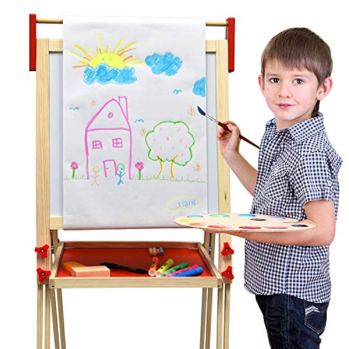 Deluxe Standing Art Easel - Dry-Erase Board, Chalkboard, Paper Roller,Magnetic Whiteboard, Includes Paper Roll, And Accessories,The Ultimate All-In-One Wooden Kid's Art Easel, Young Artist Easel #TOP4