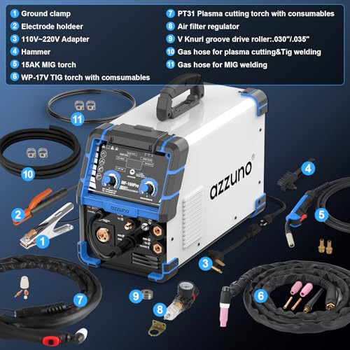 Image of AZZUNO Plasma Cutter Welder Combo 160A, 5 in 1 Plasma Cut /Gas MIG /Flux MIG /HF TIG /Stick Welder Machine, 110V /220V Multiprocess Welding machine(Light Grey)