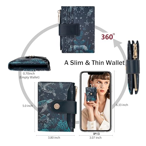 Image of Small Womens Wallet,Bifold Leather Wallet for Women RFID Card Holder Ladies Compact Pocket Wallet for Crossbody Bag (Sea turtle)