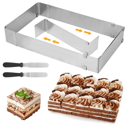 YOMKILU Cadre Patisserie Rectangulaire Extensible, Moule Rectangulaire Patisserie en Acier Inoxydable, Moule Gateau Carré avec 2 Spatule, Cadre Patisserie...