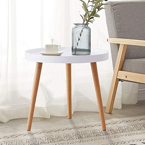 TUKAILAi Modern Round Coffee Table Side Lamp End Table with Wood Legs Dia 50x45cm White Small Table for Living Room Bedroom