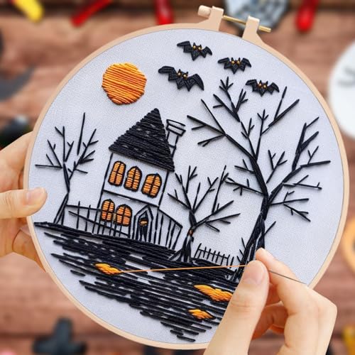Image of Halloween Embroidery Kit,Halloween Cross Stitch Kit,DIY Embroidery Kits for Adults,Embroidery Kit for Beginners with Pattern,Cotton Threads,Needles,Instruction,20cm Hoop,for Decor Home Room(Witch hat)