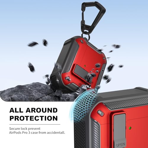 Image of for AirPods Pro 3 Case with Magnetic Lock and Phone Stand, Compatible with Magsafe Charging,with Carabiner&Cleaner kit for Apple iPod Pro 3rd Generation Cover(2025) Men Women (Red)
