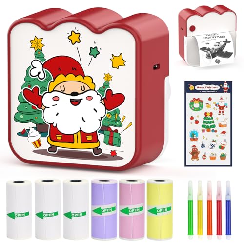 HuiJuKeJi Mini Sticker Printer Santa Claus Bluetooth Smart Pocket Inkless Thermal Printer with 7 Rolls Thermal Paper and Sticker for iOS&Android,Portable Receipt Printer for Photo Note Memo