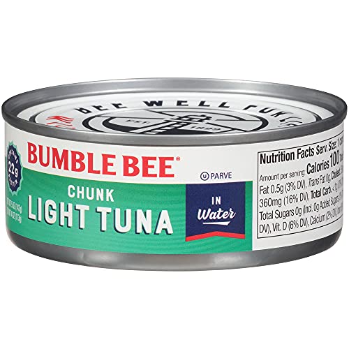 Bumble Bee Chunk Light Tuna In Water, 5 Oz Cans (Pack Of 24) - Wild Caught Tuna - 22G Protein Per Serving - Non-Gmo Project Verified, Gluten Free, Kosher - Great For Tuna Salad & Recipes #TOP3