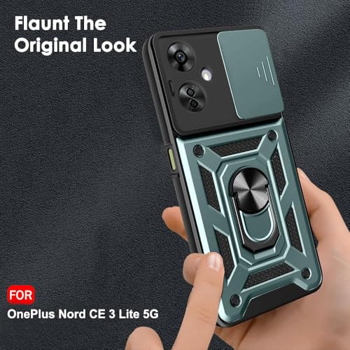 Image of TheGiftKart Tough Armor Bumper Back Cover Case for OnePlus Nord CE 3 Lite 5G | Ring Holder & Kickstand in-Built | 360 Degree Protection Back Cover Case (PC & TPU, Sliding Camera Cover, Green)