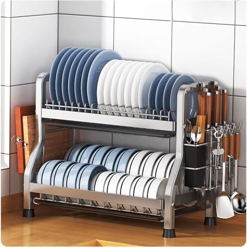 Escurreplatos para encimera de cocina, escurridor de platos duradero con soporte para cubiertos y tabla de drenaje, estantes versátiles para vajilla
