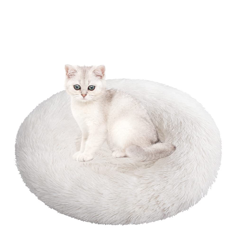 Calming Round Dog Bed, Plush Fluffy Donut Dog Bed for Small, Medium and Large Cats Dogs, Dog Bed Washable Soft and Fuzzy for Stress-Relief, Relaxation and Calm White 50cm