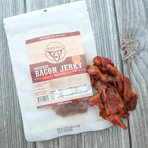 Mission Meats Candied Bacon Jerky (Sriracha) – The Perfect Delicious Savory & Sweet Snack, Bloody Mary Bar Supplies, Gift – Uncured, Small Batch, Gluten Free, 2oz (Pack of 6)