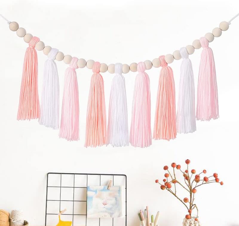 Miniatura 5 de Juego de 3 guirnaldas de borlas bohemias, guirnalda de borla bohemia de BetterJonny para colgar en la pared, pancarta pastel con cuentas de madera y