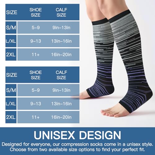 Image of Open Toe Compression Socks for Men & Women - 3 Pairs 15-20 mmhg Toeless Knee High Stockings for Circulation, Nursing, Running