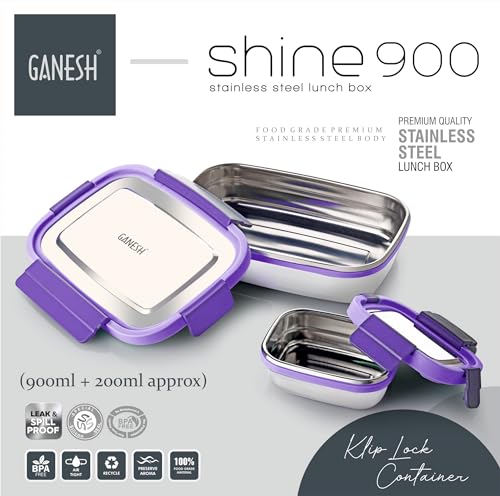 Image of Ganesh Shine Stainless Steel Airtight Leak-Proof Lunch Box for Office, School, Picnic - 900 ml - Blue