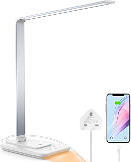 IAB LED Desk Lamp, Eye Caring Lamp with USB Charging Port & Adapter, Night Light, Dimmable Bedside Lamp，5 Brightness Levels x 5 Modes, Touch Control Table Lamp for Study,Office,Reading,Work