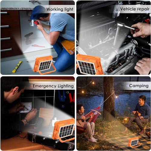 ECVV Solar LED Work Lights, 200W Rechargeable Portable USB Flood Light 4 Modes Security Job Site Lighting Waterproof 3000LM for Outdoor Camping Fishing Hiking Car Repairing Emergency