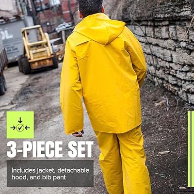 Pioneer Waterproof PVC Work Suit for Men Repel Rain Gear Yellow Safety Jacket and Bib Pants - 3 PC Set With Detachable Hood - X-Large