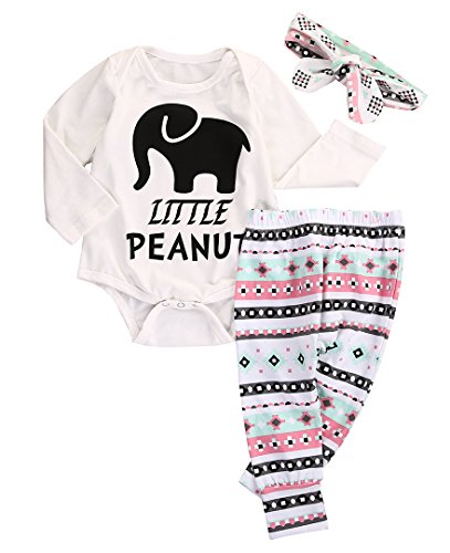 Newborn Infant Baby Boy Girl Elephant Headband+Romper+Pant Leggings Outfits Set (0-3M, White)