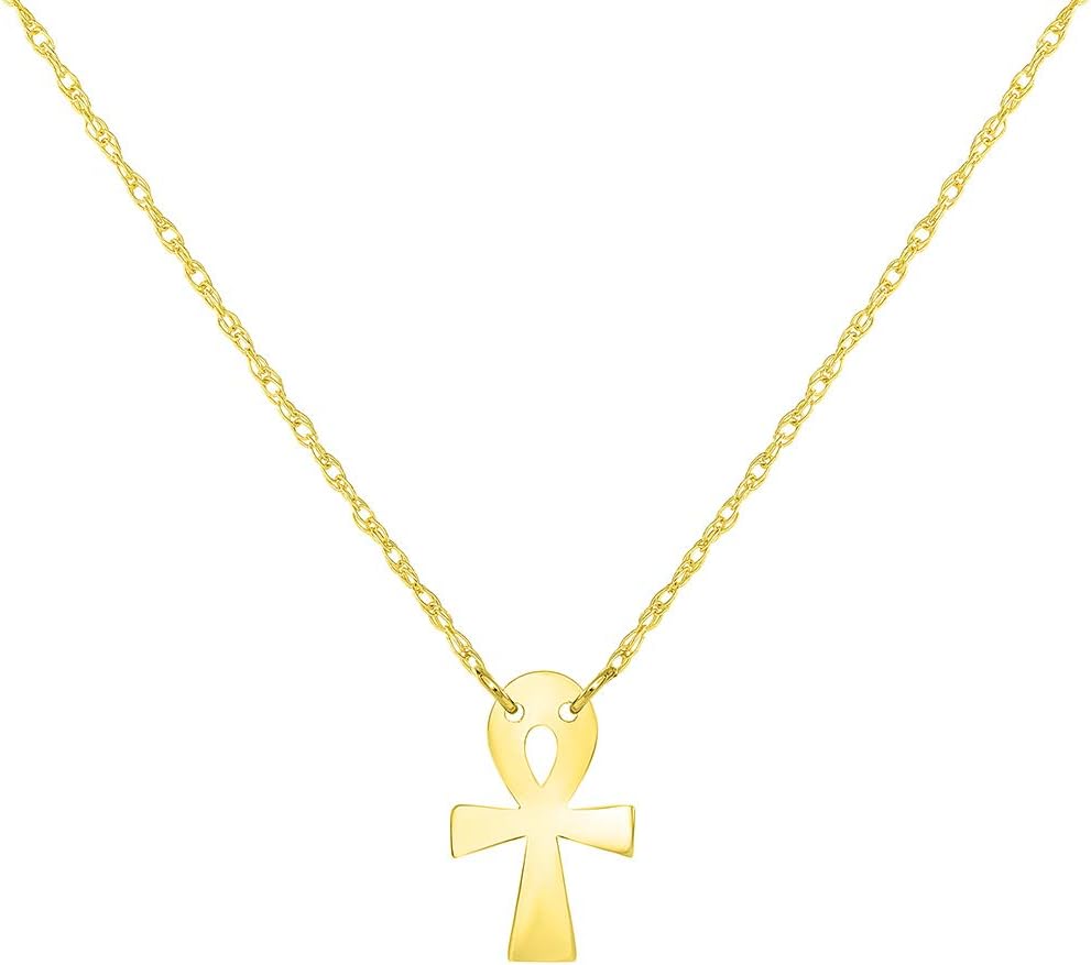 Jewelry America 14k Yellow Gold Mini Egyptian Ankh Cross Necklace with Spring Ring Clasp (16" to 18" Adjustable Chain)