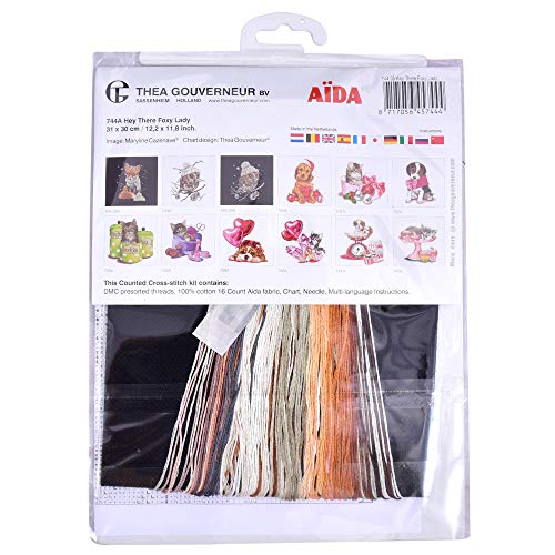Image of Thea Gouverneur - Counted Cross Stitch Kit - Hey There Foxy Lady - Aida Black - 16 Count - Embroidery Kit for Adults - DMC Embroidery Threads and Other Cross Stitch Supplies Included - 744.05