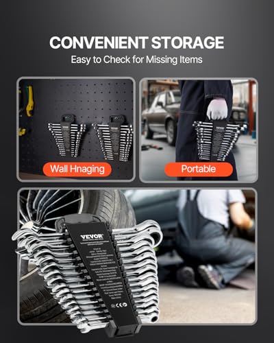 Image of VEVOR Combination Wrench Set, 16-Piece Ratcheting Wrench Set with Organizer Rack, Cr-V Steel, Metric 8 mm to 24 mm, Ideal for General Household, Garage, Workshop, Auto Repairs, Emergency