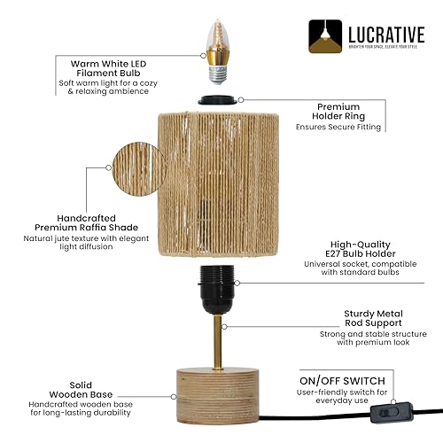 Image of LUCRATIVE Handcrafted Rattan Table Lamp for Bedroom & Living Room - Boho Wooden Bedside Home Decor Lamp with Warm White LED, 27 x 12.7cm | Bulb Included