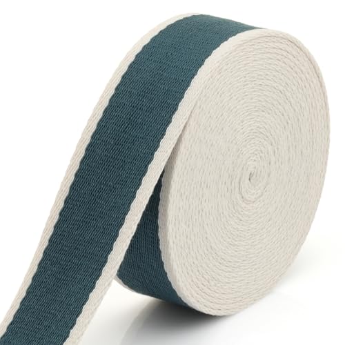 CRAFTMEMORE 1 1/2 Inches Cotton Webbing Strap, Two Tone Heavy Webbing Straps for Arts and Crafts, Luxury Bag Strap (5 Yards, Ocean-Ivory)