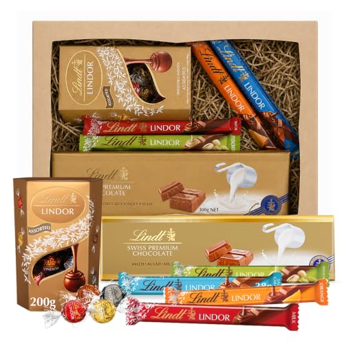 Lindt Chocolates Hamper for Birthday Gifts - Irresistible Smooth 4 x 38g Flavoured Chocolate Bars Assorted Truffles 200g & Swiss Milk Giant Chocolate 300g Great Womens Gifts for Christmas