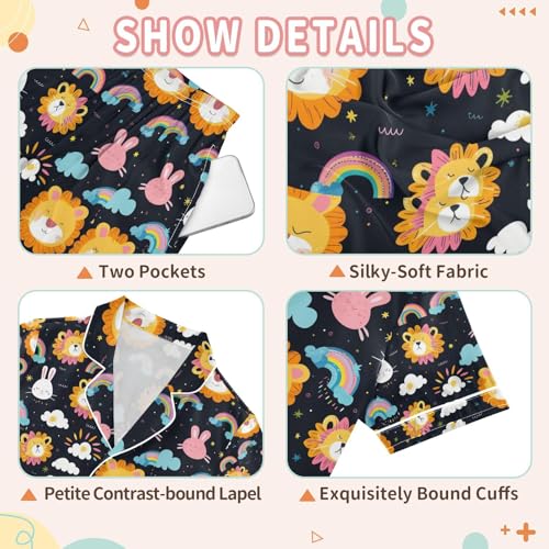 senya Rainbow Rabit Lion Satin Summer Pajama Sets Silk Short Sleeve Button Down Sleepwear3