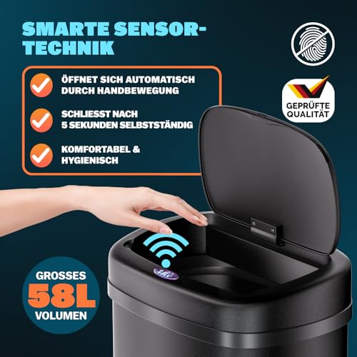 Monzana® Sensor Mülleimer Küche 58 L Automatik mit Bewegungssensor Soft-Close-Deckel Wasserdicht USB-Kabel Smarter Abfalleimer Müllbehälter Schwarz – Bild 4