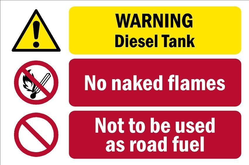 Warning, diesel tank, no naked flames, not to be used as road fuel, safety sign - 1mm flexible Plastic sign (200mm x 150mm)
