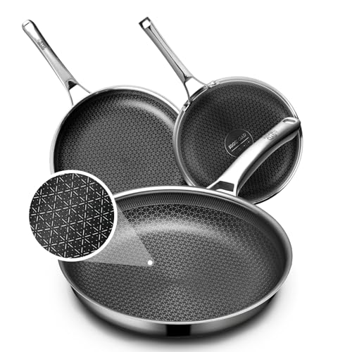 Non Stick Frying Pans Set, Hybrid Pans Set Nonstick (8+10+12inch),Skillets for cooking, PFOA Free Stainless Steel Kitchen set, Dishwasher and Oven-Safe Cookware Sets