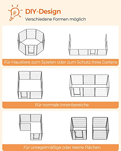 Feandrea Freilaufgehege, Laufstall DIY, mit 8 Gitterplatten je 77 x 100 cm, 2 L-förmige Riegel, transportabel, für innen und außen, Haustiere ohne Halsband, grau PPK81G