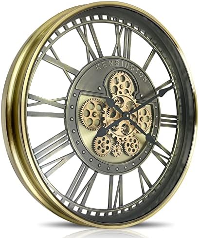 Real Moving Gears Wall Clock Large Modern Metal Clocks for Living Room Decor, Industrial Steampunk Unique Vintage Rustic Decorative Clock for Home Farmhouse Office, 27.6 Inch,Brass Gold Roman
