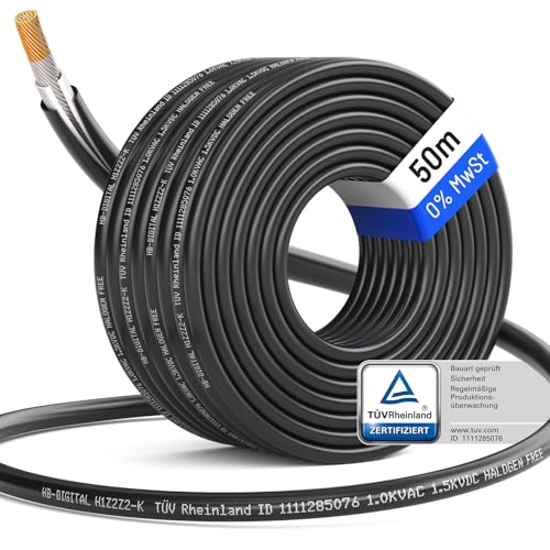 HB-DIGITAL 50m Solarkabel 6mm H1Z2Z2-K inkl. 0% MwSt. gem. 12 Abs. 3 UStG - TÜV Rheinland Zertifiziertes Flexibel UV PV Kabel Reines Kupfer 1500V DC für Solarpanel - Schwarz