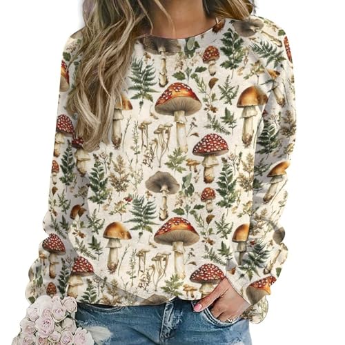 Sweat champignon rétro femme à col rond, coton doux et coupe confort