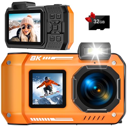 Underwater Camera 8K 70MP Digital Camera 33FT Waterproof Camera with 32GB Card Rugged Dustproof Shockproof