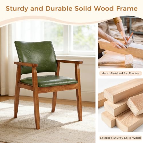 Image of NOBPEINT Mid-Century Modern Dining Chairs with Armrest Set of 2, PU Leather Upholstered Dining Room Chairs with Solid Wood Frame, Walnut Kitchen Armchairs for Kitchen Living Room Restaurant, Green