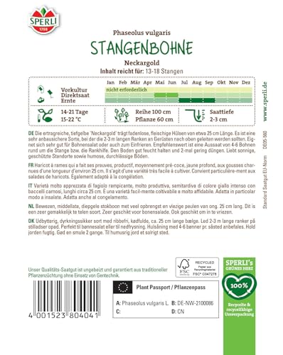Foto von 80404 Sperli Premium Stangenbohnen Samen Neckargold | Ertragreich | Zartfleischig | Stangenbohnen Samen ohne Fäden | Stangenbohnen Saatgut