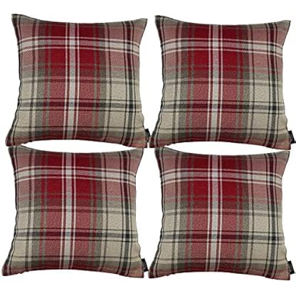McAlister Textiles Angus | 4er Packung Sofakissen mit Füllung im Tartan-Muster kariert 43cm x 43cm in Rot | Deko Kissen für Sofa, Bett, Couch