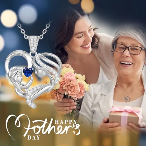 Mothers Day Gifts for Mom Wife Her Grandma, S925 Sterling Silver Birthstone Necklaces Jewelry for Women, Mother's Day Love Heart Pendant Necklace for Anniversary Birthday Christmas Day3