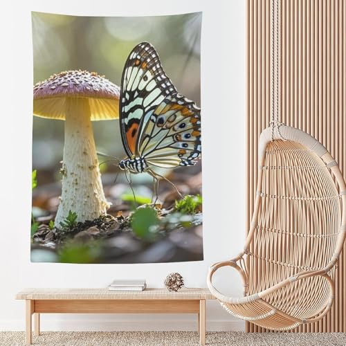 Tapisserie murale papillon champignon vintage 152x228 cm pour decoration de salon